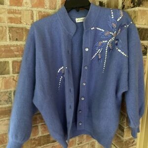 Vintage Lambswool Cardigan Sweater Periwinkle Beaded M